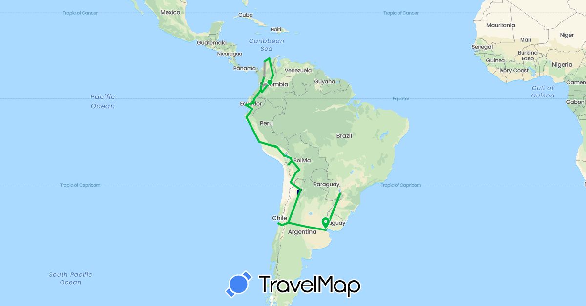 TravelMap itinerary: driving, bus, plane, boat in Argentina, Bolivia, Chile, Colombia, Ecuador, Peru (South America)